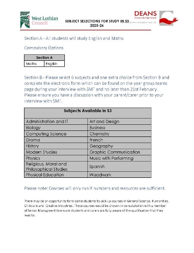 S3 Course Choice Sheet